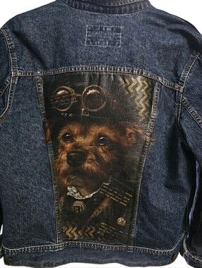 Unique Denim Jacket With A Funky Steampunk Dog